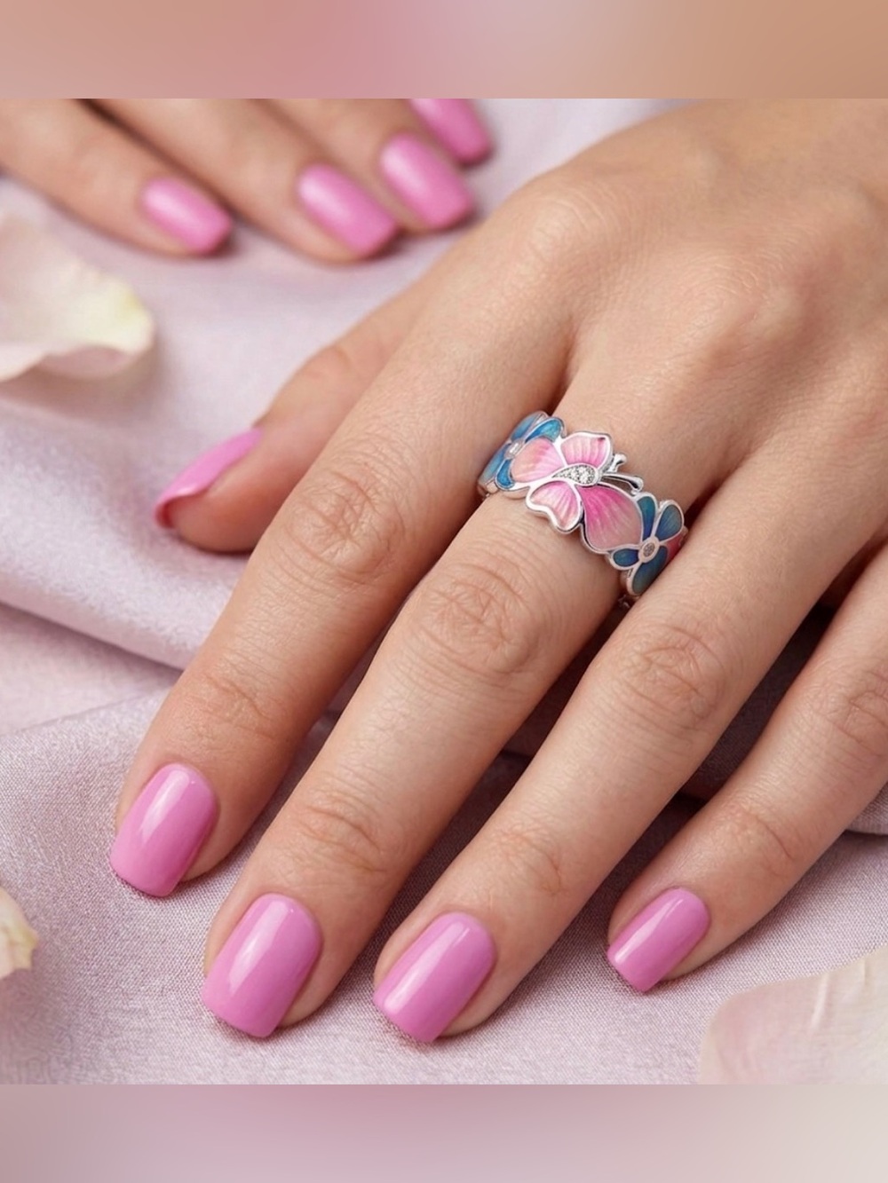 Sterling Silver 925 Enamel Butterfly & Flower Band Ring Size 6